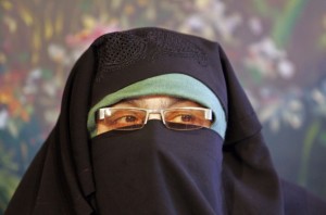Asiya Andrabi, chief of Kashmiri women's separatist group speaks during news conference in Srinagar